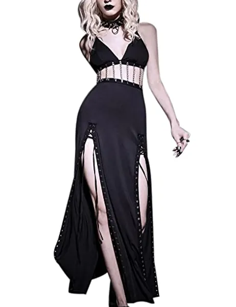 LANSHULAN Gothic Grommet Lace Up Chain Linked Cami Dress