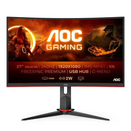 AOC Gaming C27G2ZU - 27 Inch FHD Curved Monitor,240Hz, 0.5ms, VA, AMD FreeSync Premium, Height Adjust, USB Hub, Speakers (1920x1080 @240Hz, 300cdm² / HDMI/DP/USB 3.0) - 27 inch FHD Curved - 240Hz - USB hub