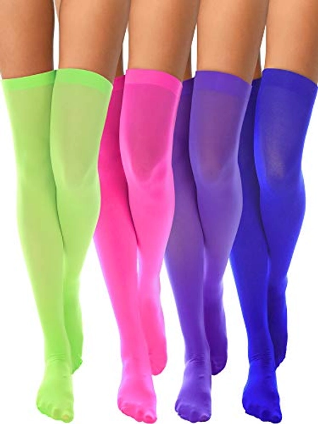 Boao 4 Pairs Women's Silk Thigh High Stockings Nylon Socks for Women Halloween Cosplay Costume Party Tights Accessory