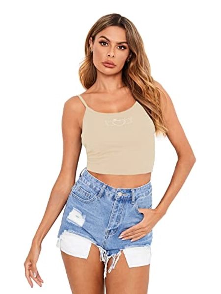 Verdusa Women's Sleeveless y2k Shirt Round Neck Rhinestone Crop Cami Top