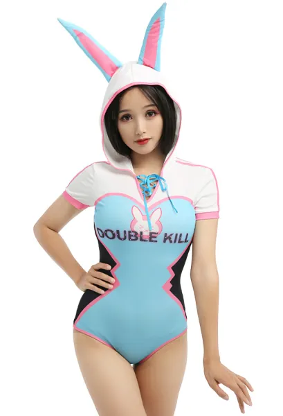 Women Sexy Lingerie with Bunny Ears Cute Hooded Bodysuit with Lace-up Design