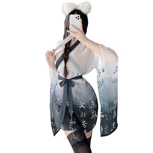 Temptshow Female Japanese sexy kimono costume geisha bathrobe anime cosplay nightgown - One Size - Black White