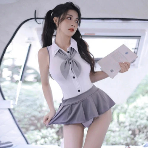 Grey Sexy School Uniform Bodysuit