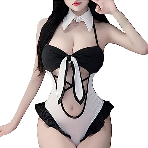 SNOMYRS Bunny Suit Mesh Teddy Bodysuit Kawaii Lingerie Anime Lingerie Set Rabbit Cosplay Halloween Costumes One Piece - Black - Small