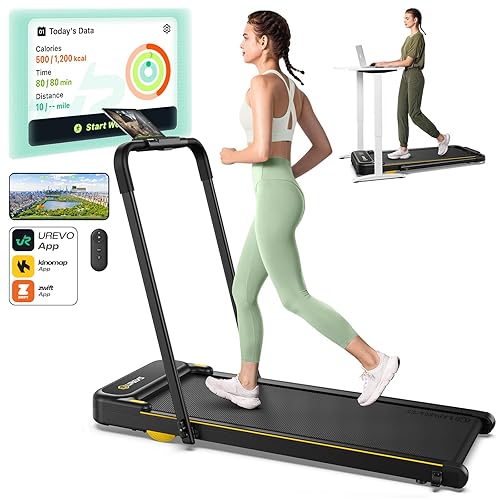 UREVO Walking Pad, Under Desk Treadmill for Home/Office, 2 in 1 Folding Treadmill with Remote Control, APP and LED Display - Black Yellow