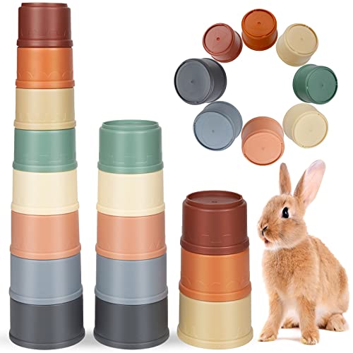 SYWHXY 16 Pcs Stacking Cups for Rabbits, Rainbow Colors Rabbit Stacking Cups of Different Size for Rabbits Hiding Food, Safe Plastic and Reuseable Rabbit Toys for Bunnies, Rabbits, Small Animals