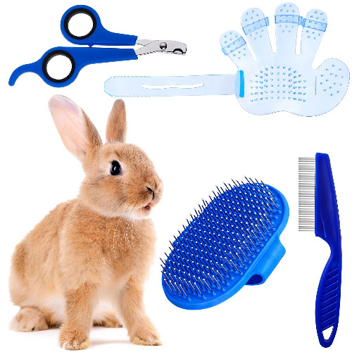 4 Pieces Bunny Grooming Kit with Rabbit Grooming Brush Pet Hair Remover Pet Nail Clipper Pet Comb Shampoo Bath Brush with Adjustable Ring Handle for Rabbit Hamster Bunny() - Blue