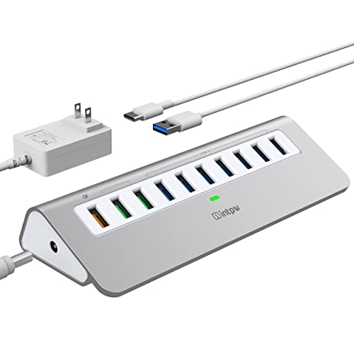 Intpw Powered USB Hub 10Gbps, 10 Port USB 3.1 Gen 2 Hub with 7 USB 3.1 Data Ports, 3 Fast Charging Ports, 36W Power Adapter, Type A and Type C Cable, Aluminum USB Data Hub for Mac, PC, Laptop - Grey