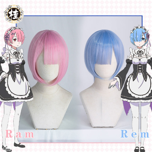 UWOWO Re:Life in a different world from zero  Rem Ram Cosplay wig 30cm pink/blue - one size / Ram