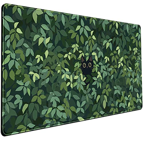 Cute Cat Mouse Desk Pad Kawaii Green Desk Mat Desk Decor Large Gaming Mouse Pad for Desk Mousepad Computer Office Keyboard Laptop Big Anime Mouse Pad XL(31.5x15.7 in)-with Non-Slip Base Stitched Eges - A Cute cat in the grass