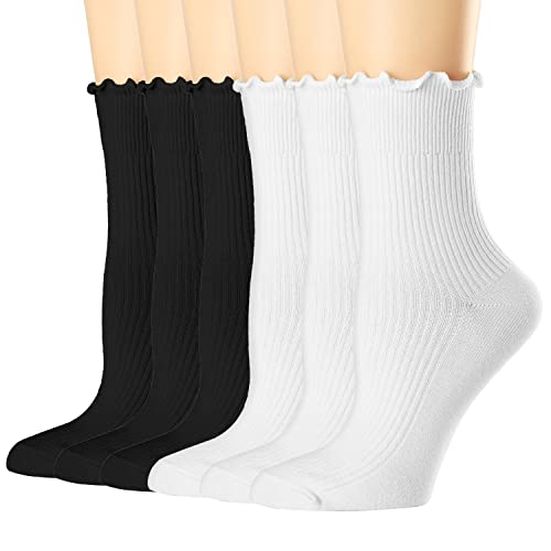 Mcool Mary Womens Socks, Ruffle Turn-Cuff Casual Crew Socks Breathable Cool Knit Cotton Lettuce Ankle Frilly Sock 6 Pack - 5-9 - 6-pairs(3black+3white)_crew Socks