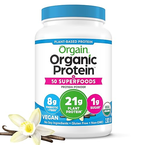 Orgain Organic Vegan Protein + 50 Superfoods Powder, Vanilla Bean - 21g Plant Based Protein, 8g Prebiotic Fiber, No Lactose Ingredients, Gluten Free, No Added Sugar, Non-GMO, 2.02 lb - Vanilla - 18 Servings (Pack of 1)