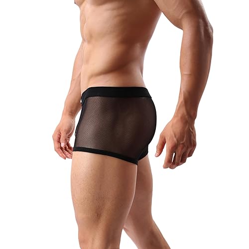 Drelaar Men's Soft Fishnet Transparent Underwear Boxer Shorts Sexy Breathable Trunks - M - Black