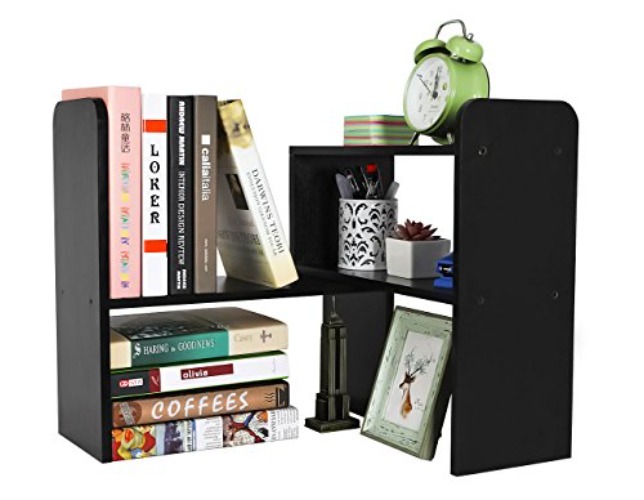 PAG Desktop Shelf Adjustable Wood Small Bookshelf Office Supplies Desk Organizer and Accessories Display Rack, Black - Black