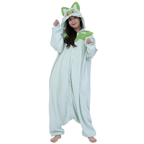 SAZAC Pokemon Sprigatito Kigurumi Onesie - Premium Adult Halloween Costume, Plush Pajamas, Durable, Machine Washable - One Size - Green