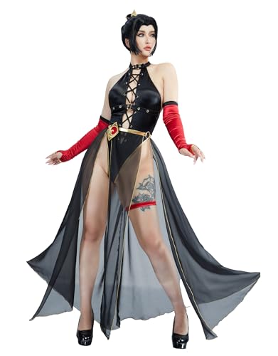 Haikyu Women Goth Swimsuit Halter Crossover One Piece Bathing Suit and Chiffon Wrap Skirt with Arm Sleeves - Medium - Black