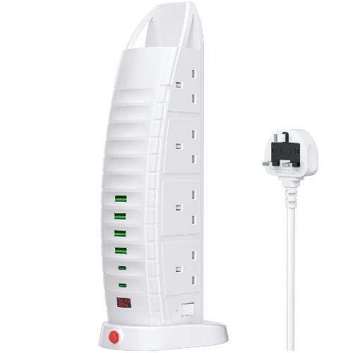 Extension Lead with USB, Tower Extension Cord 8 Way Outlets 6 USB (2 Type C and 4 USB Ports) 3.6A Multi Plug Extension Socket 2M Cable with Switches, Vertical Power Strip