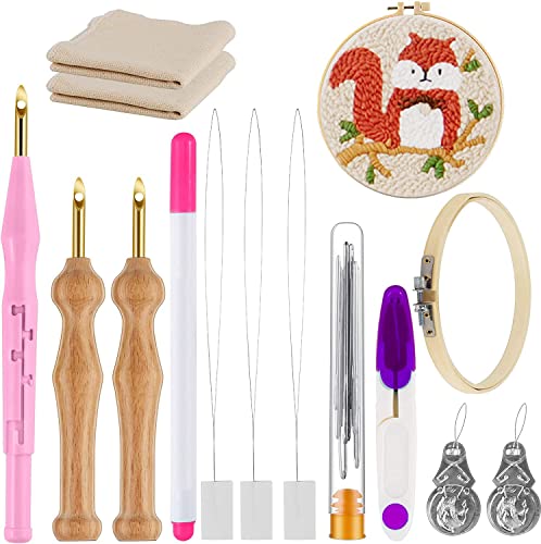 21PC Punch Needle Embroidery Kits Adjustable Punch Needle Tool, Wooden Handle Embroidery Pen, Hoops, Punch Needle Cloth, Needle Threaders, Punch Needle Kits for Adults Beginner, DIY Craft, Pink - Pink