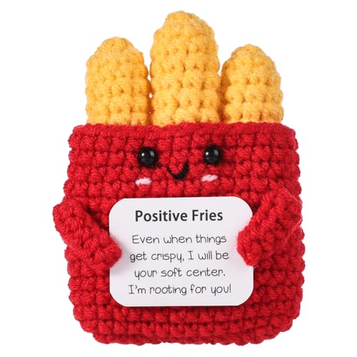 Mini Funny Positive Fries, 3.54 Inch Emotional Support French Fries Positive Knitted Toy with Card Creative Cute Wool Inspirational Crochet Doll Encouragement Gift for Kids Friends Home Party