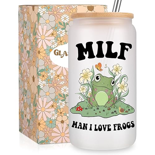Fairy's Gift Cute Frog Cup, Iced Coffee Cup, 16 oz Frosted Glass Cup with Lid Straw - Man I Love Frogs - Frog Themed Valentines, Frog Stuff, Frog Gifts for Women Mom Wife, Pregnant Friend, Girlfriend
