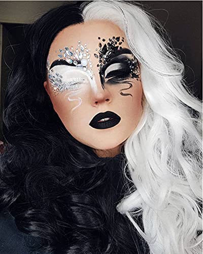 Kaneles Half Black Half White Wigs Long Curly Women Full Wigs for Cosplay Party or Daily Use with Wig Cap(Half Black Half White) - Half Black Half White