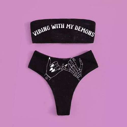 Letters Print Monster Skull Bikini Set - C / XL