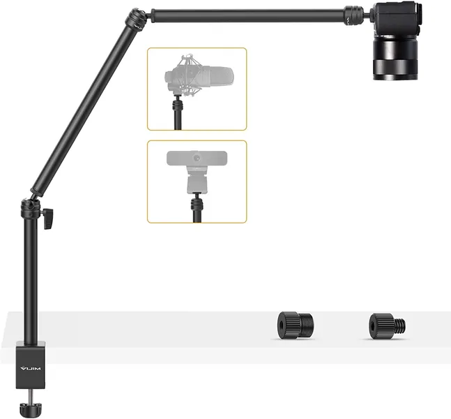VIJIM LS08 Overhead Camera Desk Mount Stand, Flexible Webcam Stand Microphone Boom Arm, 360° Rotation Tabletop Aluminum C-Clamp Stand, Standard ¼ ⅜ ⅝ Screw for DSLR Camera, Microphone & Webcam