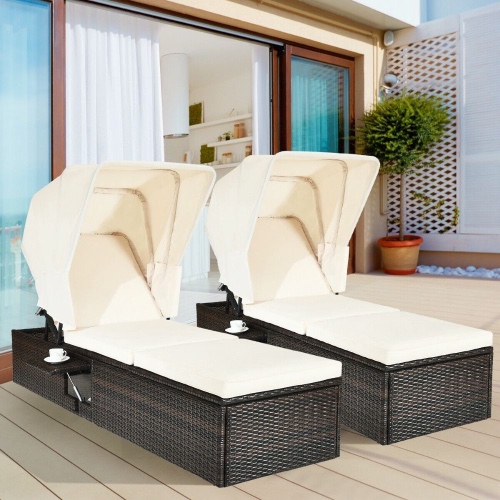 Outdoor Reclining Canopy Lounging Chair with Side Table