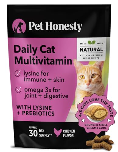 Pet Honesty Cat Multivitamin Chews - Cat Treats for Health + Immune, Cat Joint Support, Skin & Coat, and Digestion | Omega 3s, Lysine for Cats, Cat Probiotic, Cat Vitamins - Chicken (30-Day Supply) - Chicken - Cat
