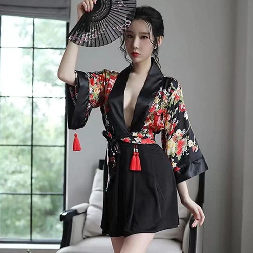 Sexy Floral Kimono Lingerie - Black / One Size