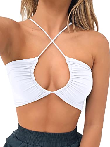 TOB Women's Sexy Criss Cross Lace Up Sling Basic Bow Tie Crop Top - Small - White