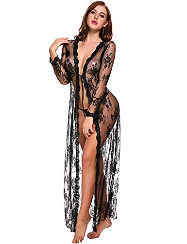 LOMON Lingerie for Women Sexy Long Lace Dress Sheer Gown See Through Kimono Robe - Black - Small