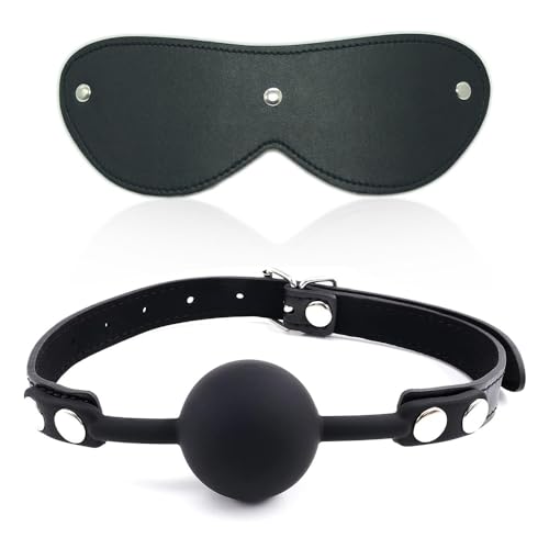 Tabuy Silicone Ball Gag and PU Leather Blindfold for Adult Play,Adjustable Strap on Mouth Gag and Eye Mask Sex Toy for Adults - Black