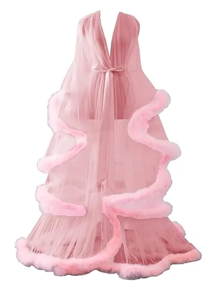Changuan Sexy Feather Robe Long Fur Tulle Robe Sheer Lingerie Maternity Photoshoot Dress Sleepwear Nightgown Bathrobe - Large-X-Large - Dusty Rose+blush