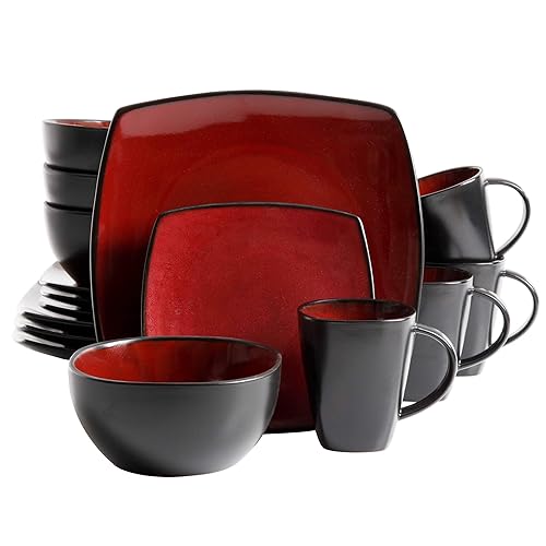 Gibson Bella Soho 16-Piece Square Reactive Glaze Dinnerware Set, Red
