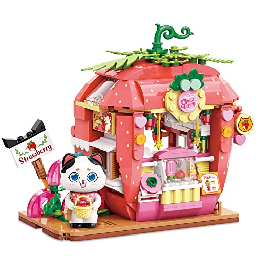 TOY PLAYER Cat Strawberry House Building Set, Friends House, Creative Cute Construction Kit, with A Lovely Cat, City Corner Building Block Toy for 6+ Kids Best Gift - Strawberry House