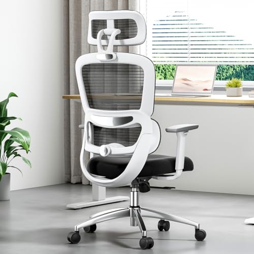 Soohow Ergonomic Home Office Chair,Ergonomic Desk Chair with Back Support,3D Armrest and Adjustable Headrest,High Back Mesh Office Chair for Heavy People,White - White