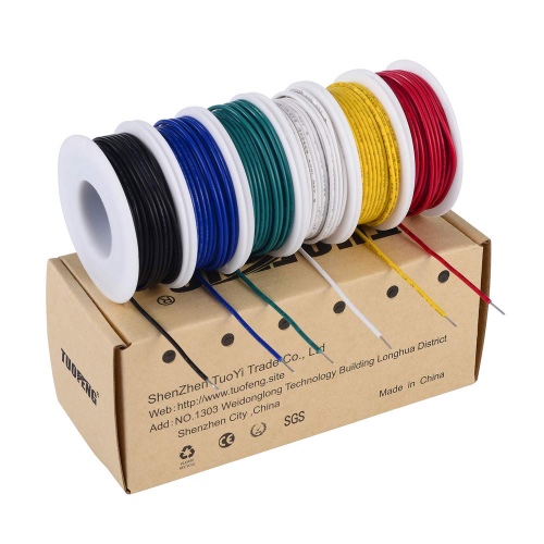 TUOFENG 22 awg Wire Solid Core Hookup Wires-6 Different Colored Jumper Wire 30ft or 9m Each, 22 Gauge Tinned Copper Wire PVC (OD: 1.55mm) Hook up Wire Kit - 22 awg Solid Wire Kit