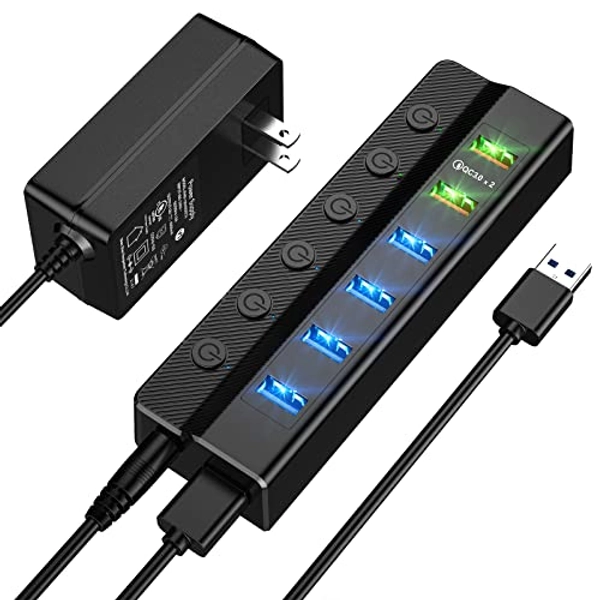ONFINIO USB Hub 3.0 Powered, 6 Ports USB Hub Splitter (4 High Speed Data Transfer Ports + 2 Smart Charging Ports) with Individual On/Off Switches and 48W Power Adapter for Mac Pro/Mini, PC, HDD, Disk - L30