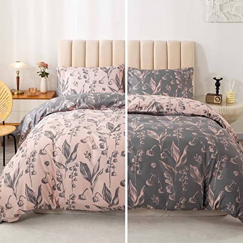 FELTYBED Reversible Queen Comforter Set, Bedding Sets Queen Size Gray Floral Print Soft Microfiber for All Season with 2 Pillowcase (Queen Comforter 3 Pieces) - Queen - Gray-pink Floral