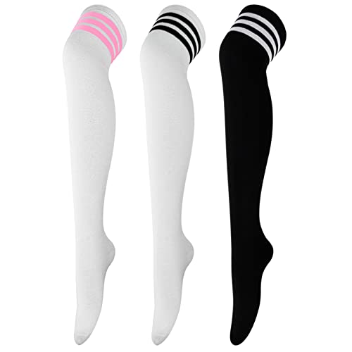 DRESHOW High Thigh Socks Striped Over Knee Thin Tights Long Stocking Knee High Leg Warmer - 3 Pairs A: White/Pink/Black