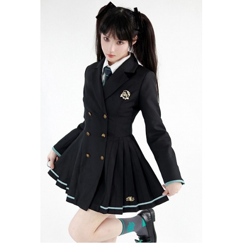 [$64.75]Pleated Skirt Black Blazer Dress Gold Miku and Ginkgo Leaves Embroidery
