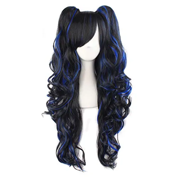 MapofBeauty Multi-color Lolita Long Curly Clip on Ponytails Cosplay Wig (Black/Blue)