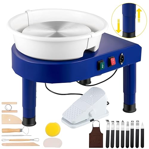 VEVOR Pottery Wheel, 14in Ceramic Wheel Forming Machine, 60-300RPM Speed 0-2in Lift Table Electric Clay Machine, Foot Pedal Detachable Basin Sculpting Tool Accessory Kit for Work Home Art Craft DIY - 14in - Blue