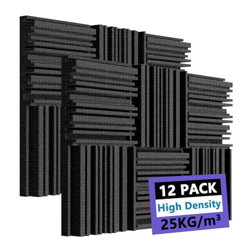 Foneso Sound Proof Panels 12'' x 12'' x 2'', 12 PACK High Density Acoustic Foam, Sound Insulation Wall, Noise Canceling Foam for Sound Studio, Podcast Recording, Offices, Playrooms and TV Rooms