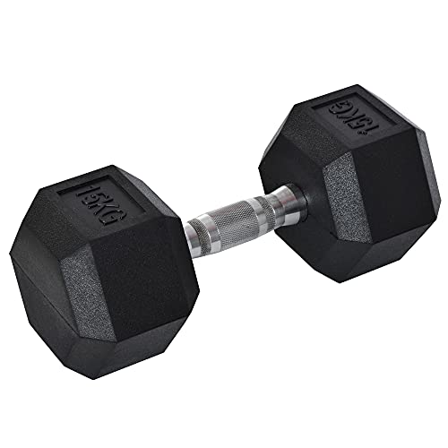 HOMCOM 12.5KG/15KG/17.5KG/20KG Single Rubber Hex Dumbbell Portable Hand Weights Dumbbell Home Gym Workout Fitness Hand Dumbbell - 15KG