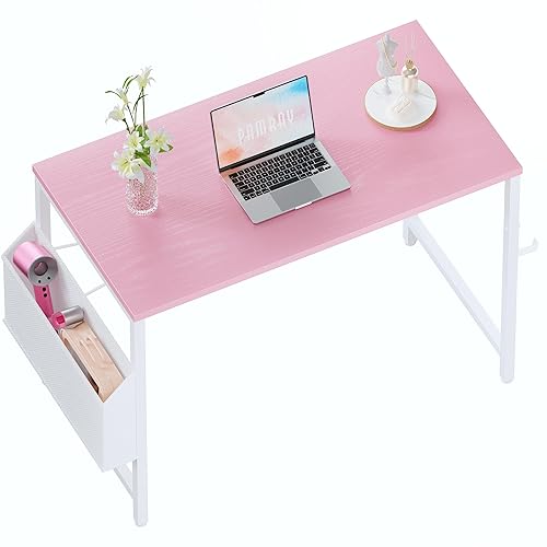 Pamray 32 Inch Computer Desk for Small Spaces with Storage Bag, Home Office Work Desk with Headphone Hook, Small Office Desk Study Writing Table - Pink - 32 inch