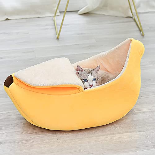 HYLYING Pet Cat Bed House Banana Shape Pet Bed Warm Boat Pet Sleep Nest Lovely Pet Supplies for Cats Kittens Winter Cotton Cushion Coral Fleece, Yellow Banana