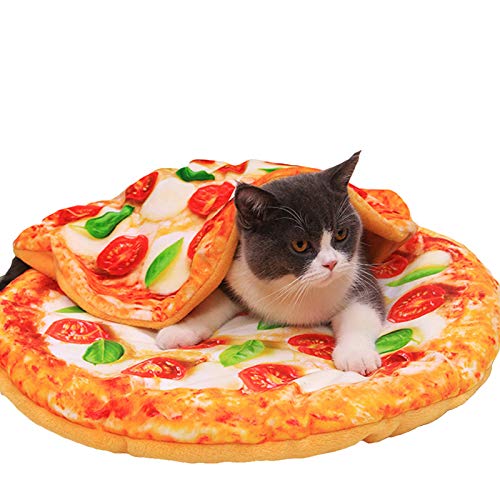 SEIS 2 Pcs Pet Mat and Blanket Set Warm Dog Pad Winter Cat Blanket Cute Pizza Toast Design Sleeping Bed (Pizza, L) - L (2 Count)