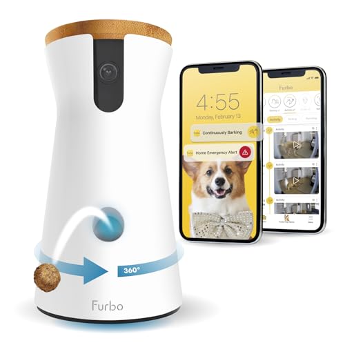 Furbo 360° Rotating Pet Camera Treat Dispenser w/Subscription Required: Home Emergency Alerts w/Phone App | 2-Way Audio, Bark Alert, Color Night Vision Dog Camera [Premium Safety Package 2023] - Dog Camera w/Subscription Required